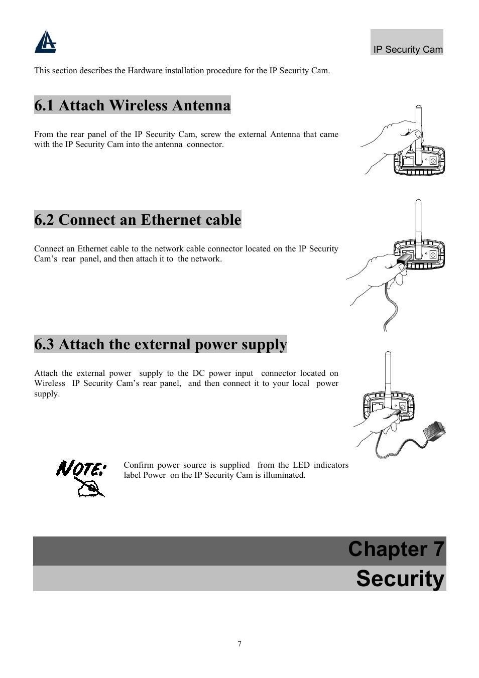 Security, Chapter 7, 1 attach wireless antenna | 2 connect an ethernet cable, 3 attach the external power supply | Atlantis Land IP Security Cam A02-WIPCAM-11B User Manual | Page 14 / 65