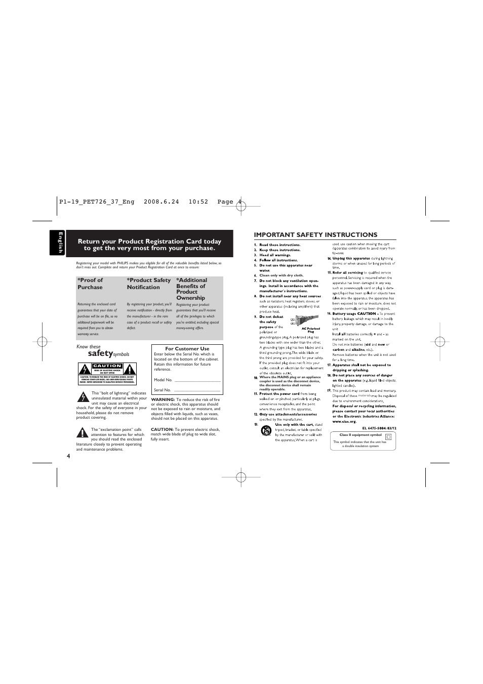 Safety, Important safety instructions | Philips PET726-37B User Manual | Page 4 / 19