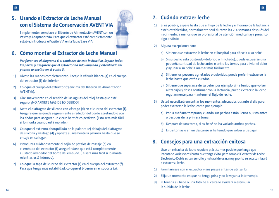 Cuándo extraer leche, Consejos para una extracción exitosa, Cómo montar el extractor de leche manual | Philips SCF300-20 User Manual | Page 10 / 20