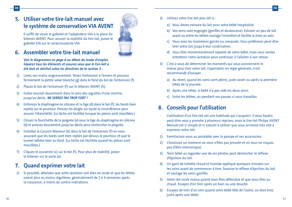 Assembler votre tire-lait manuel, Quand exprimer votre lait, Conseils pour l’utilisation | Philips SCF300-20 User Manual | Page 16 / 20