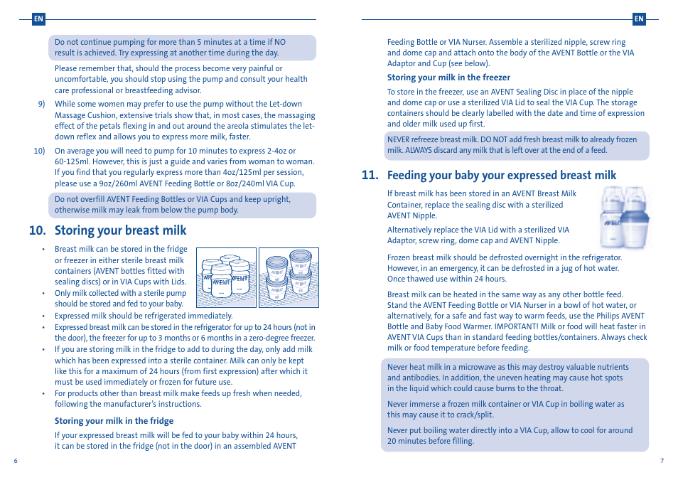 Storing your breast milk, Feeding your baby your expressed breast milk | Philips SCF300-20 User Manual | Page 6 / 20