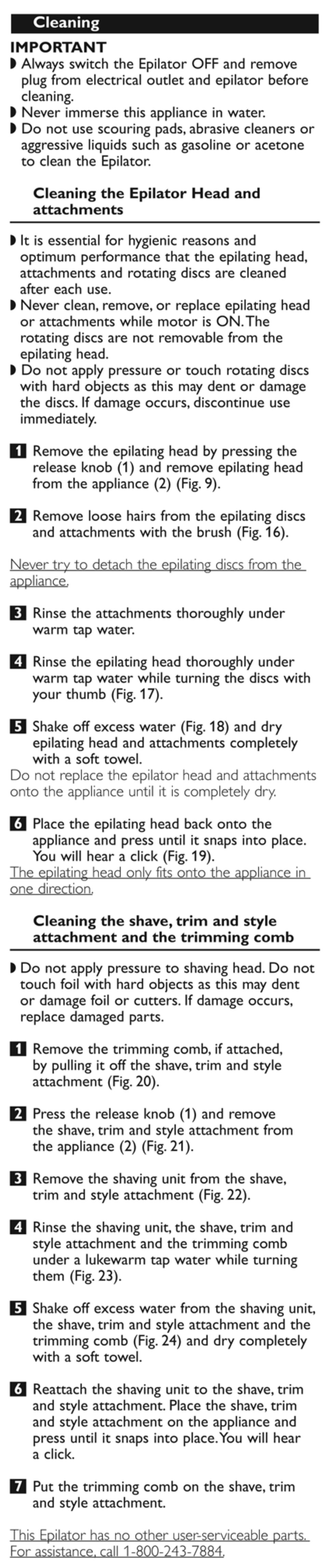 Cleaning, Important, Cleaning the epilator head and attachments | Philips HP6576-50 User Manual | Page 10 / 12