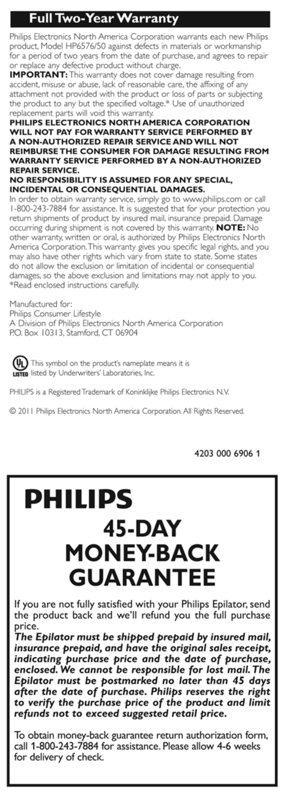 Philips, Day money-back guarantee, Full two-year warranty | Philips HP6576-50 User Manual | Page 12 / 12