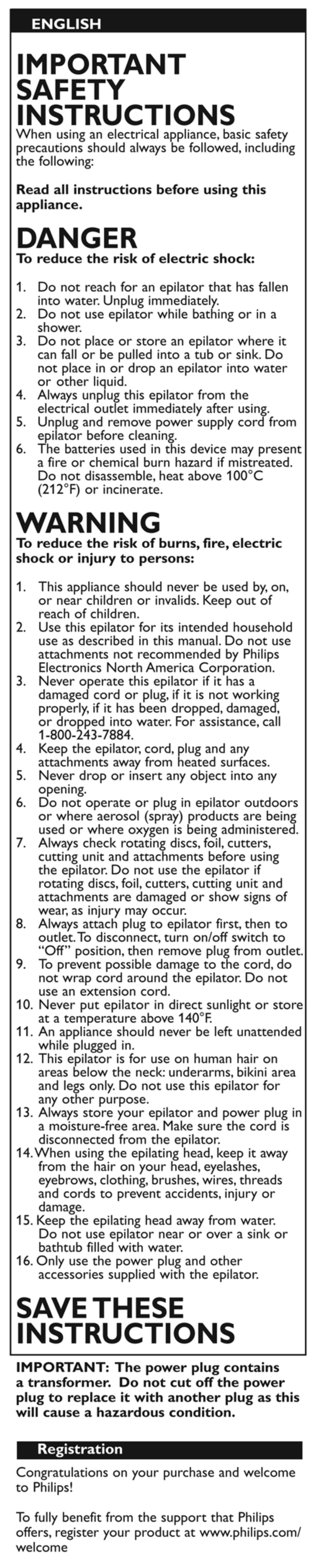 Important safety instructions, Danger, Warning | Savethese instructions | Philips HP6576-50 User Manual | Page 2 / 12