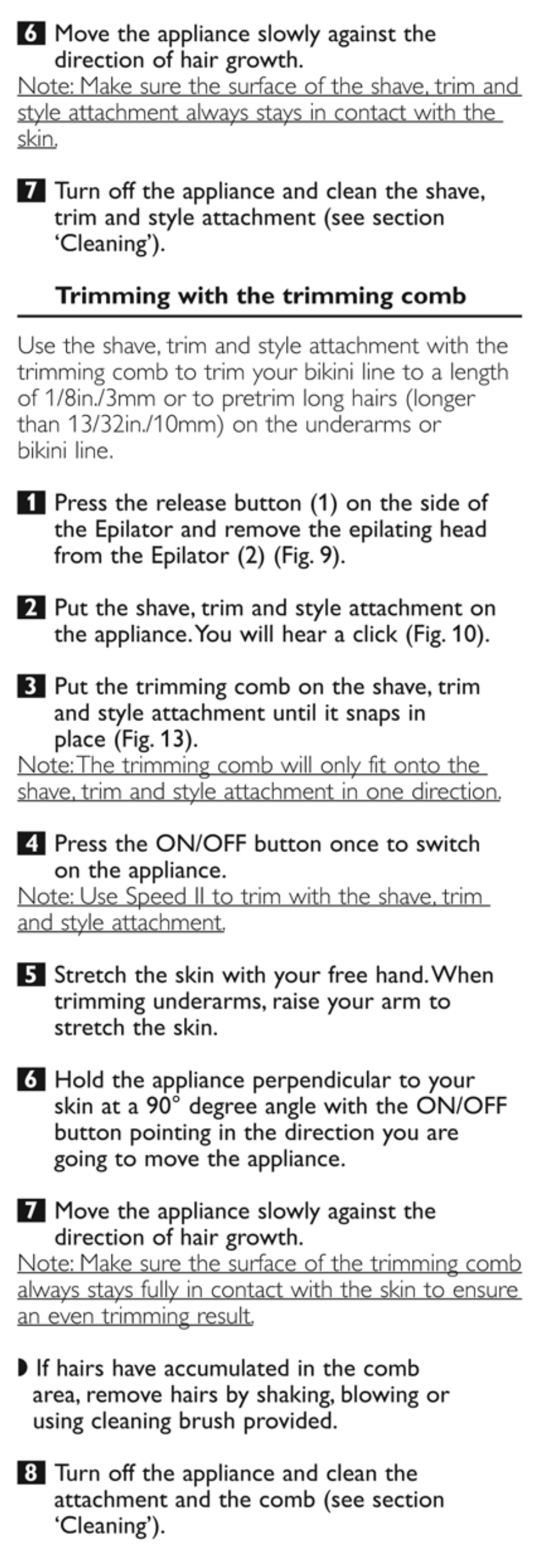 Trimming with the trimming comb | Philips HP6576-50 User Manual | Page 8 / 12