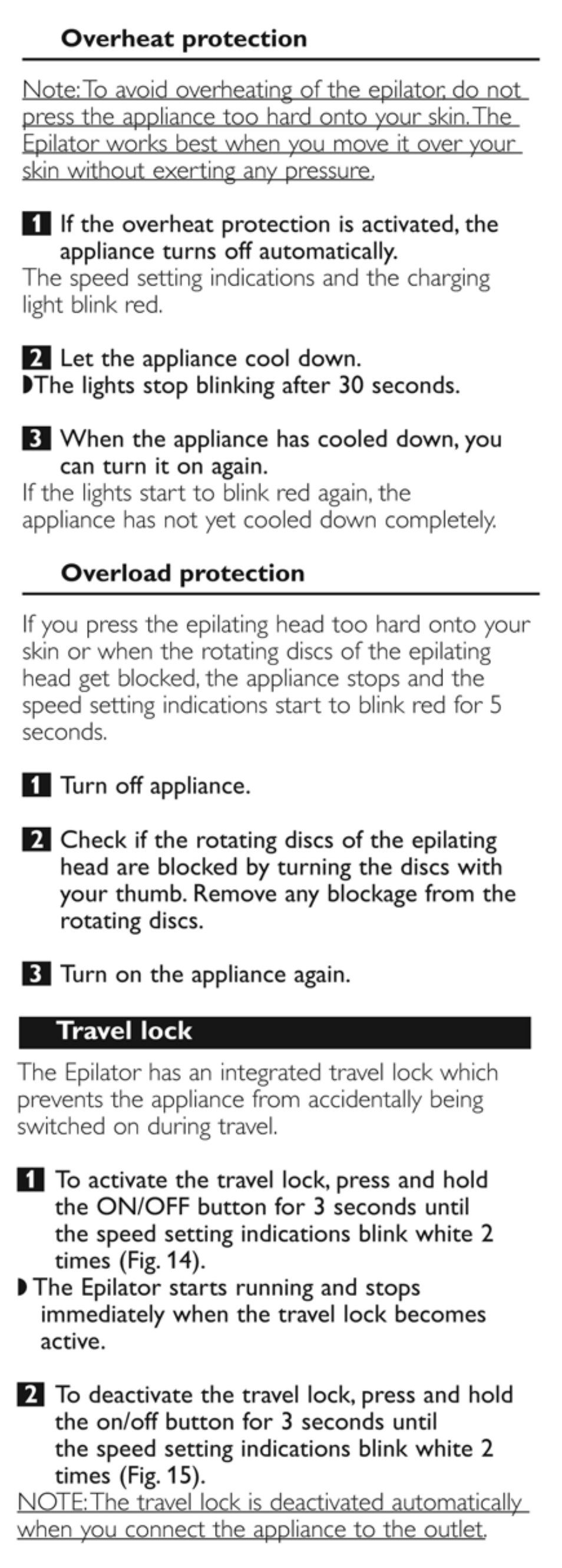 Overheat protection, Overload protection, Travel lock | Philips HP6576-50 User Manual | Page 9 / 12