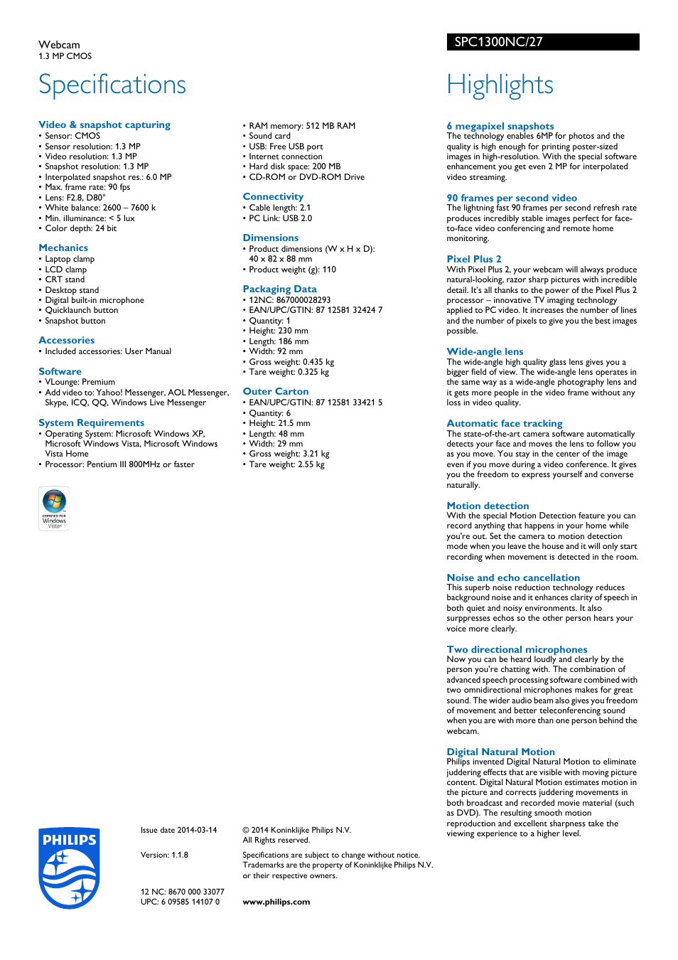 Specifications, Highlights | Philips SPC1300NC-27 User Manual | Page 2 / 2