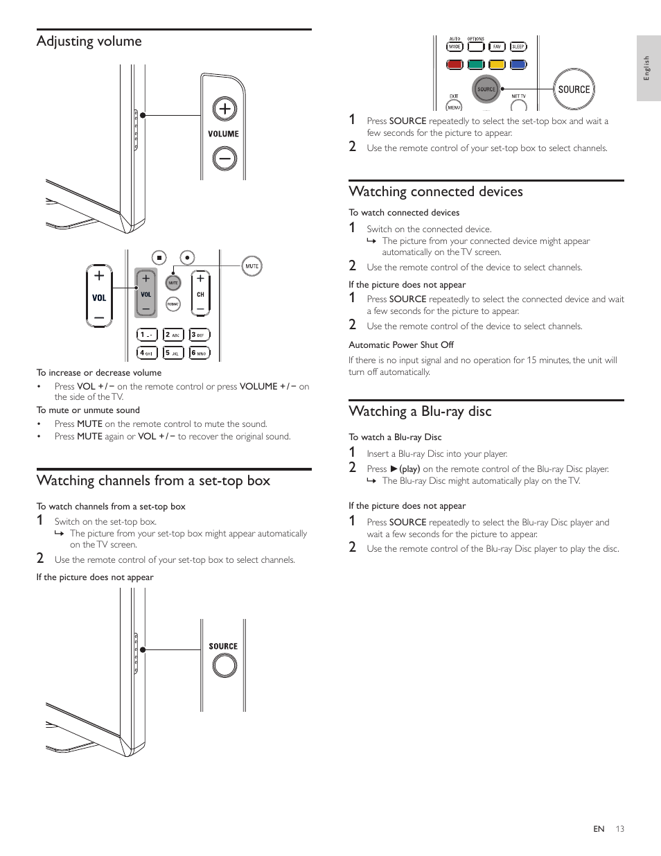 Adjusting volume, Watching channels from a set-top box, Watching connected devices | Watching a blu-ray disc | Philips 40PFL5706-F7 User Manual | Page 14 / 54