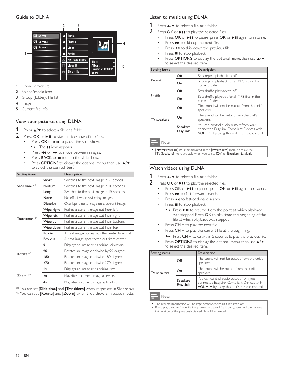 Listen to music using dlna, Watch videos using dlna, Guide to dlna | View your pictures using dlna | Philips 40PFL5706-F7 User Manual | Page 17 / 54