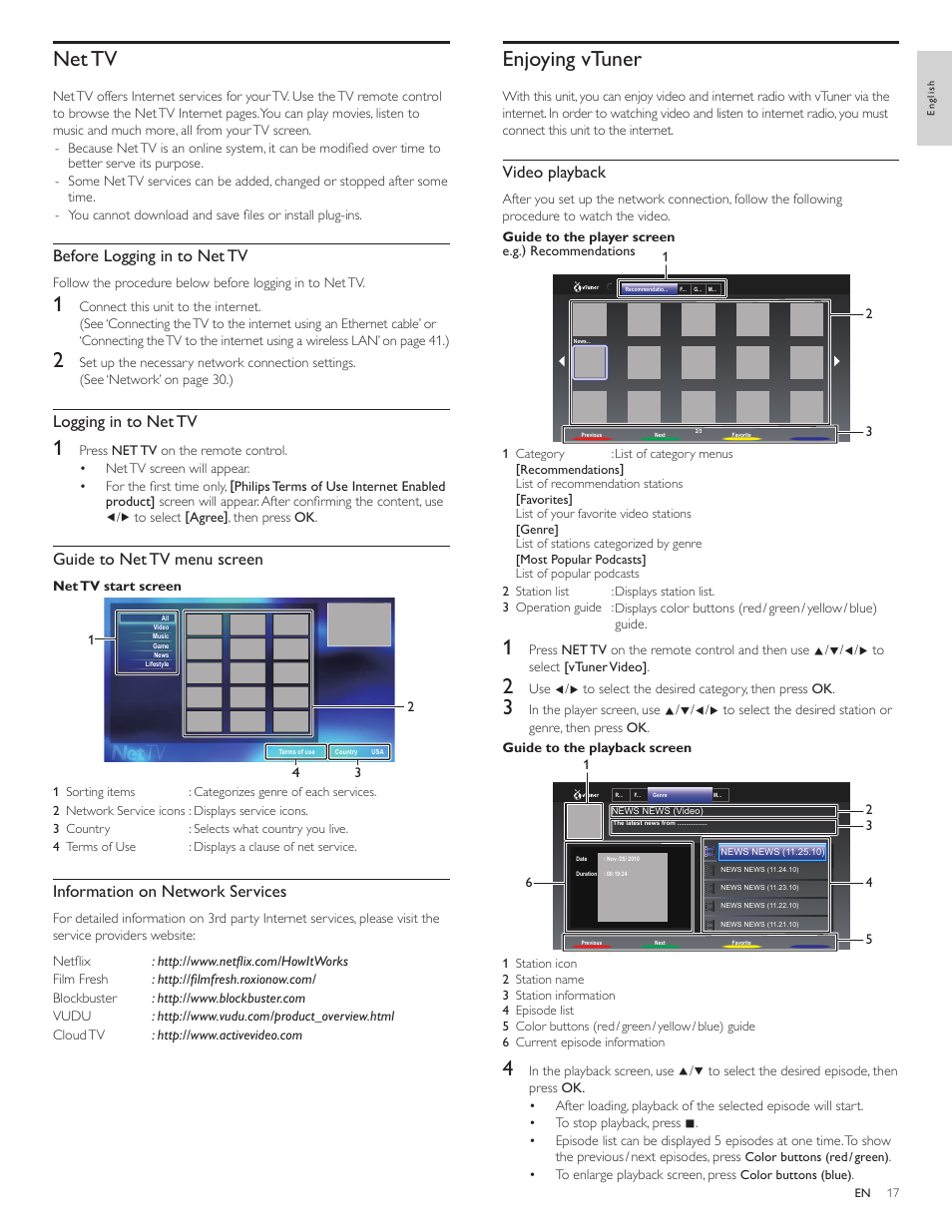 Net tv, Enjoying vtuner, Video playback | Before logging in to net tv, Logging in to net tv, Guide to net tv menu screen, Information on network services | Philips 40PFL5706-F7 User Manual | Page 18 / 54