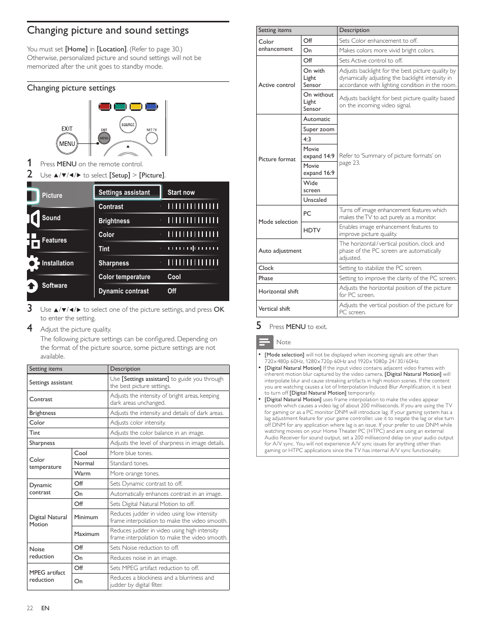 Changing picture and sound settings, Changing picture settings | Philips 40PFL5706-F7 User Manual | Page 23 / 54