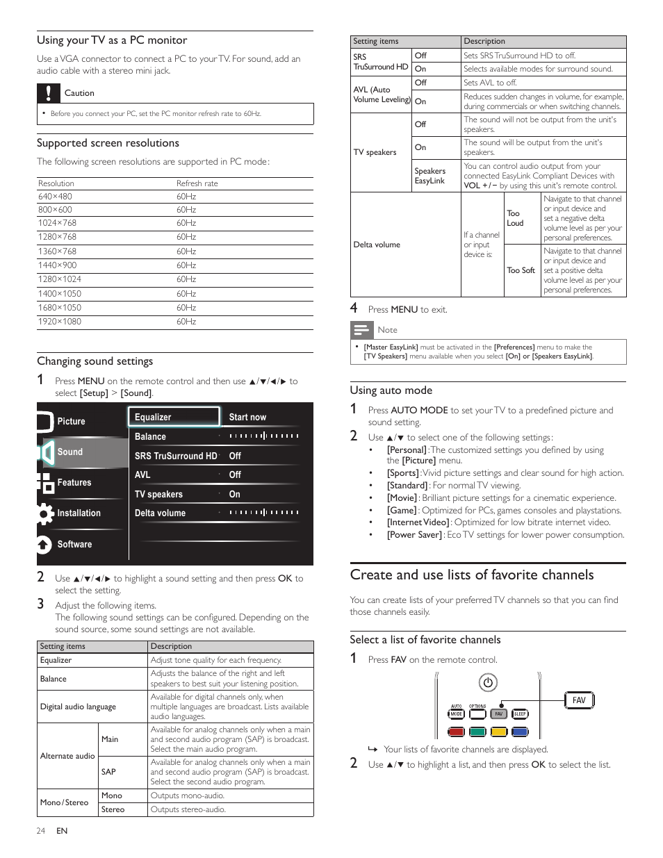 Create and use lists of favorite channels, Using auto mode, Select a list of favorite channels | Using your tv as a pc monitor, Supported screen resolutions, Changing sound settings | Philips 40PFL5706-F7 User Manual | Page 25 / 54