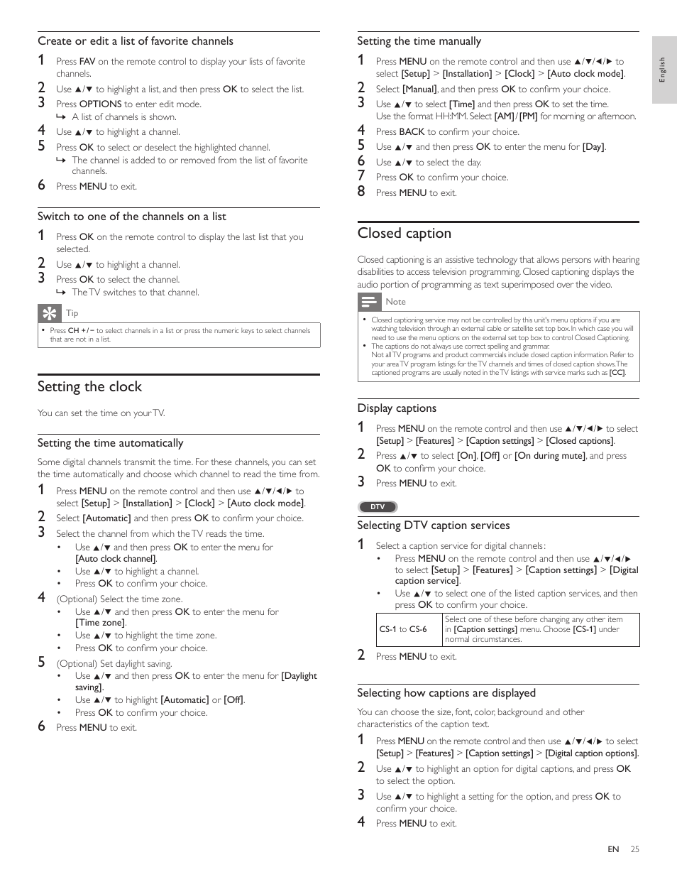 Setting the clock, Closed caption | Philips 40PFL5706-F7 User Manual | Page 26 / 54