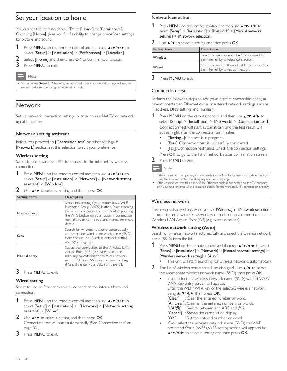 Set your location to home, Network | Philips 40PFL5706-F7 User Manual | Page 31 / 54
