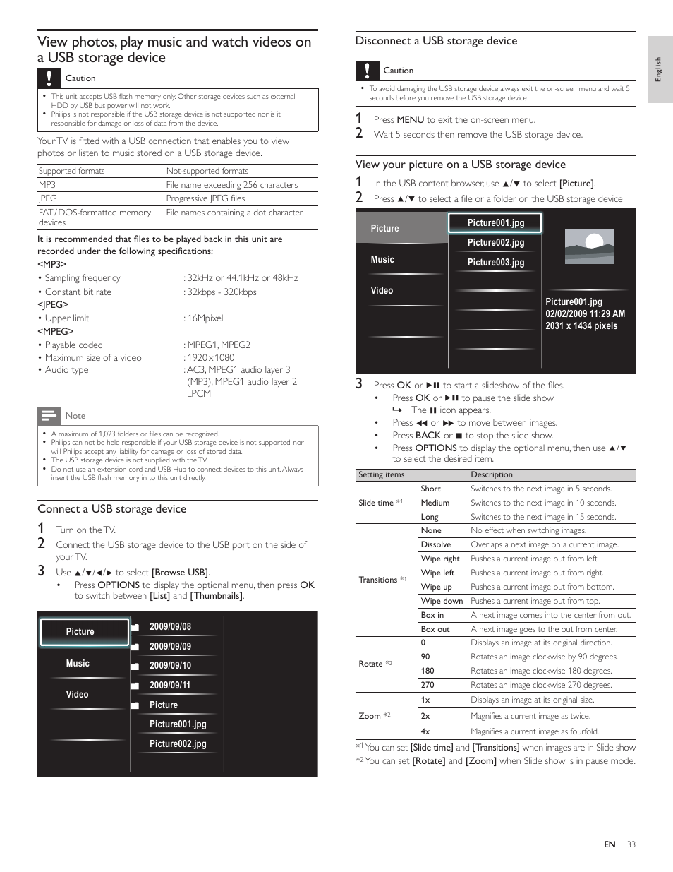 Disconnect a usb storage device, View your picture on a usb storage device, Connect a usb storage device | Philips 40PFL5706-F7 User Manual | Page 34 / 54