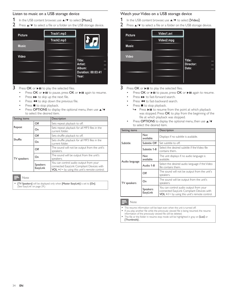 Watch your video on a usb storage device, Listen to music on a usb storage device | Philips 40PFL5706-F7 User Manual | Page 35 / 54