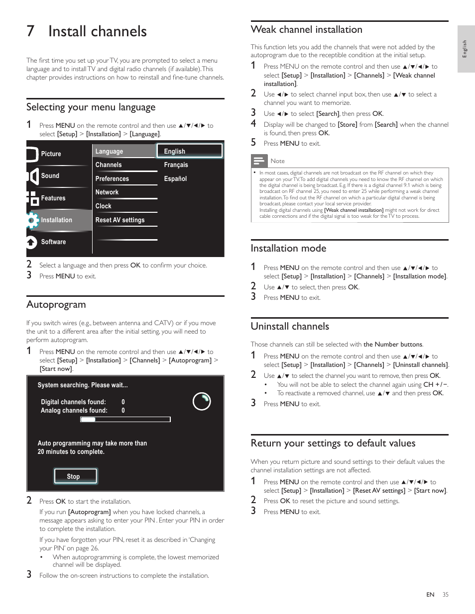 7 install channels, Selecting your menu language, Autoprogram | Weak channel installation, Installation mode, Uninstall channels, Return your settings to default values, Installation mode 1, Selecting your menu language 1 | Philips 40PFL5706-F7 User Manual | Page 36 / 54