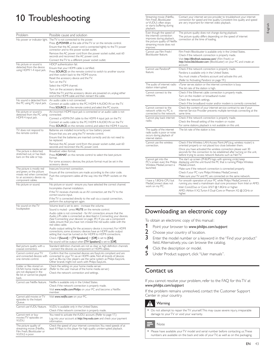 10 troubleshooting, Downloading an electronic copy, Contact us | Philips 40PFL5706-F7 User Manual | Page 44 / 54
