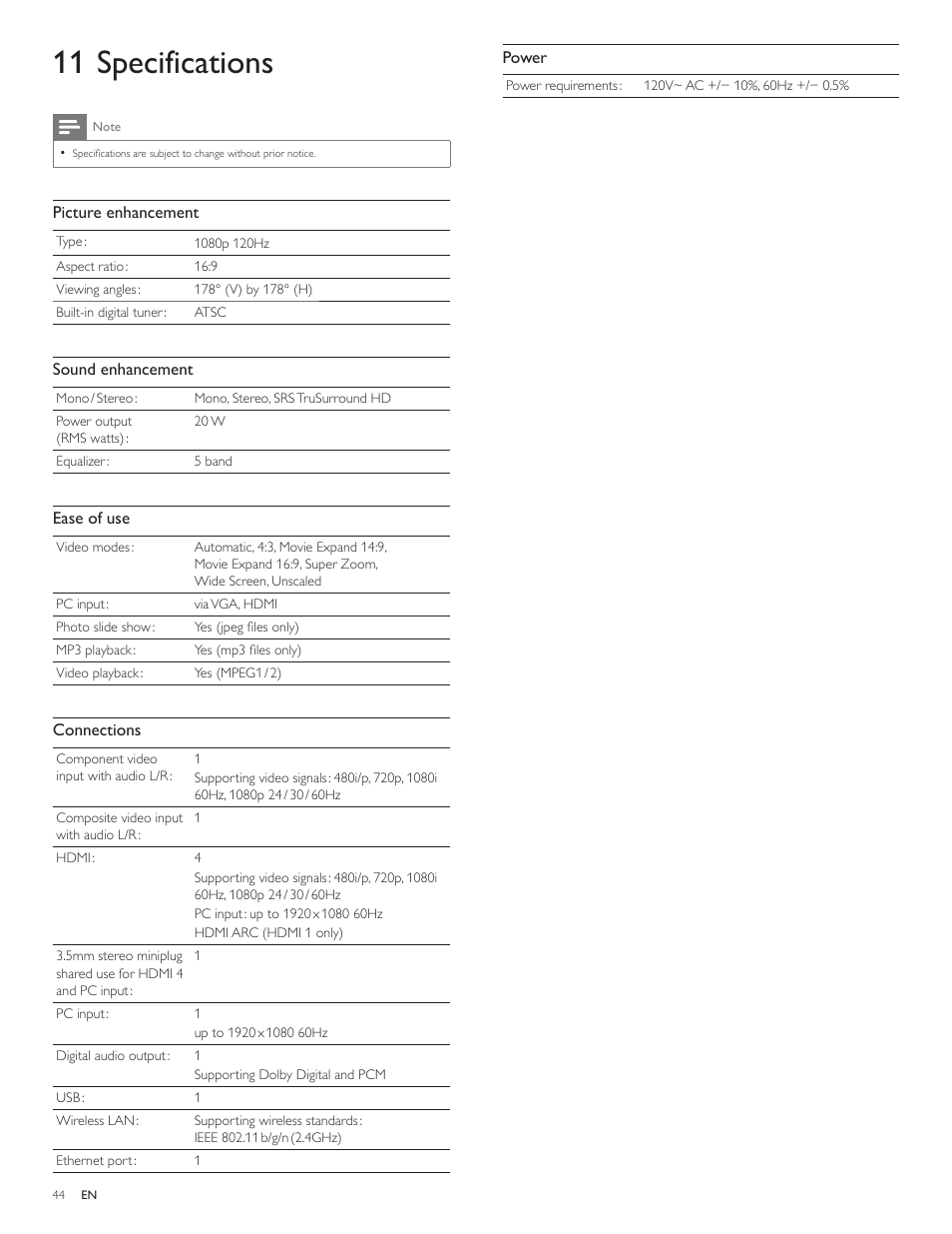 11 specifications | Philips 40PFL5706-F7 User Manual | Page 45 / 54