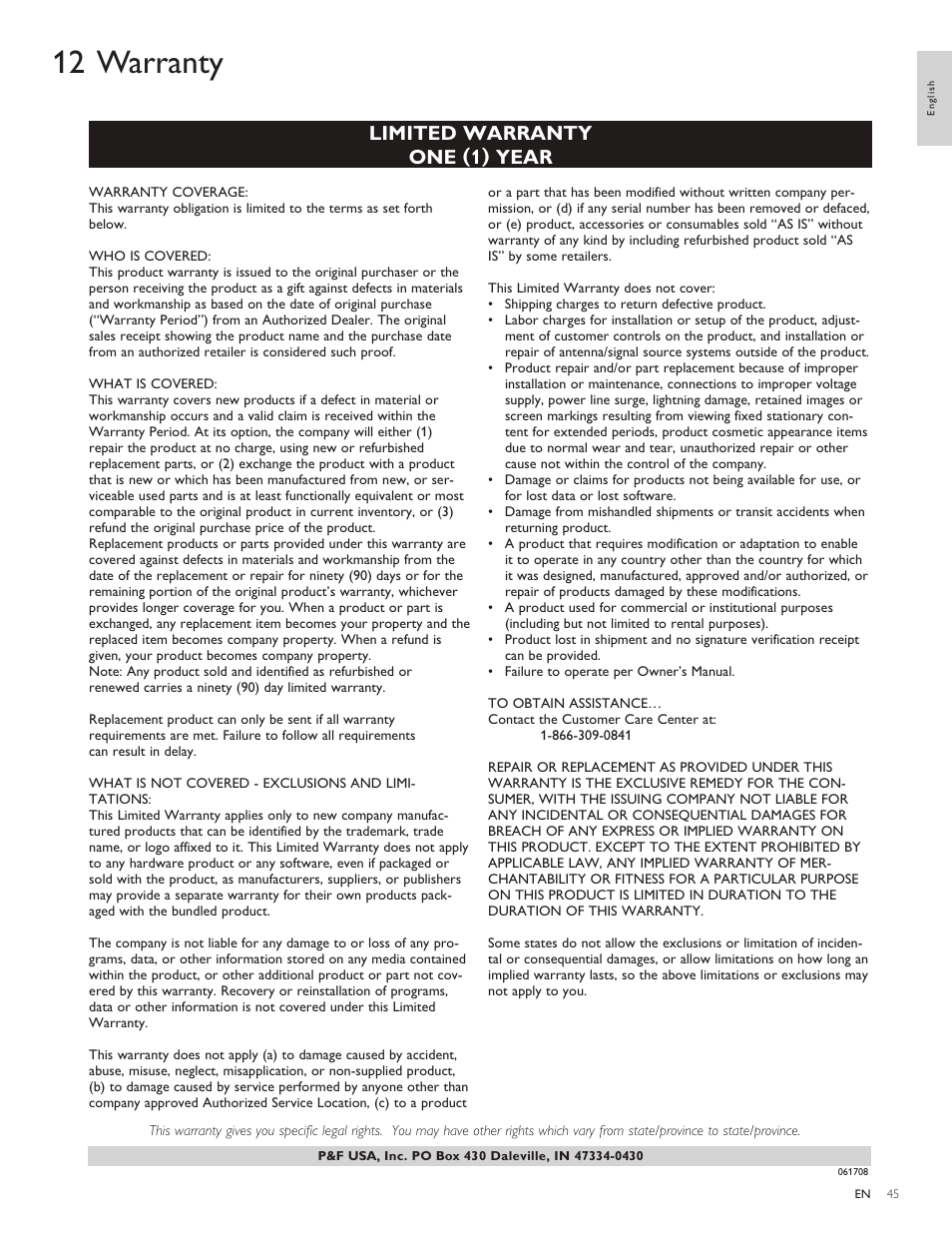12 warranty, Limited warranty one (1) year | Philips 40PFL5706-F7 User Manual | Page 46 / 54