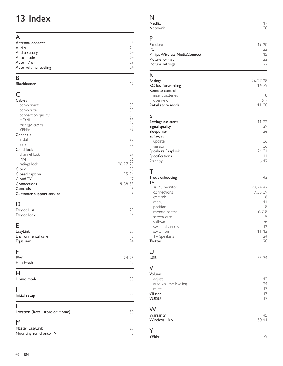 13 index | Philips 40PFL5706-F7 User Manual | Page 47 / 54
