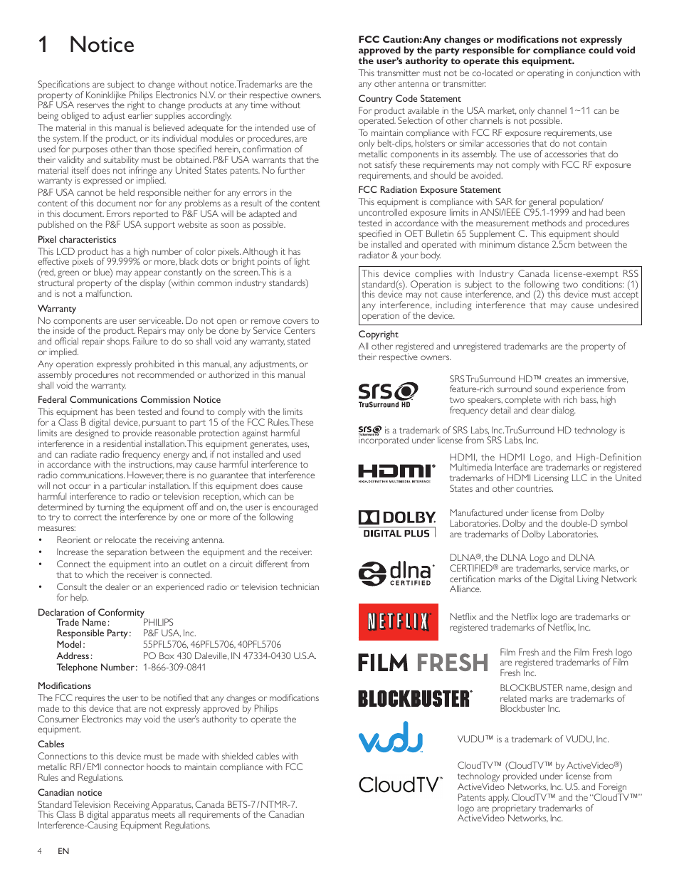 1 notice | Philips 40PFL5706-F7 User Manual | Page 5 / 54