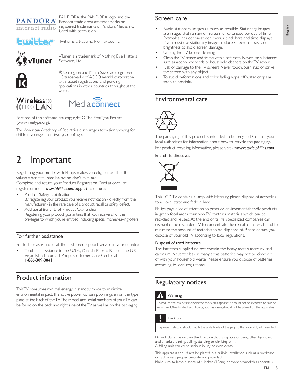 2 important, Product information, Screen care | Environmental care, Regulatory notices | Philips 40PFL5706-F7 User Manual | Page 6 / 54