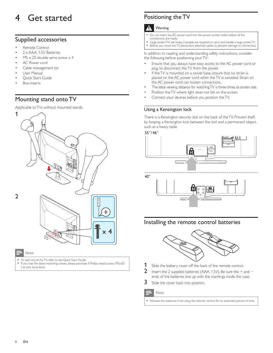 4 get started, Supplied accessories, Mounting stand onto tv | Positioning the tv, Installing the remote control batteries, Installing the remote control batteries 1 | Philips 40PFL5706-F7 User Manual | Page 9 / 54