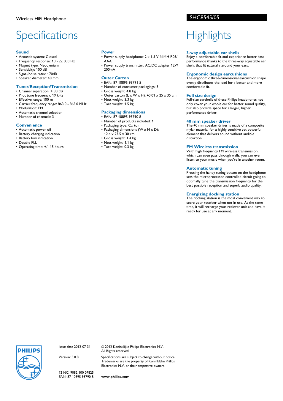 Specifications, Highlights | Philips SHC8545-05 User Manual | Page 2 / 2