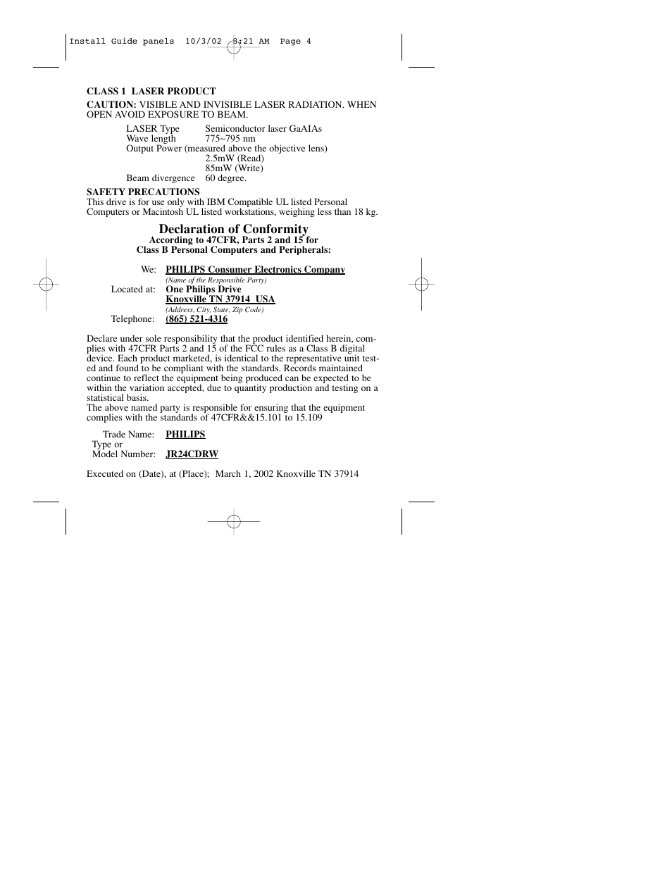 Declaration of conformity | Philips JR24CDRW User Manual | Page 4 / 24
