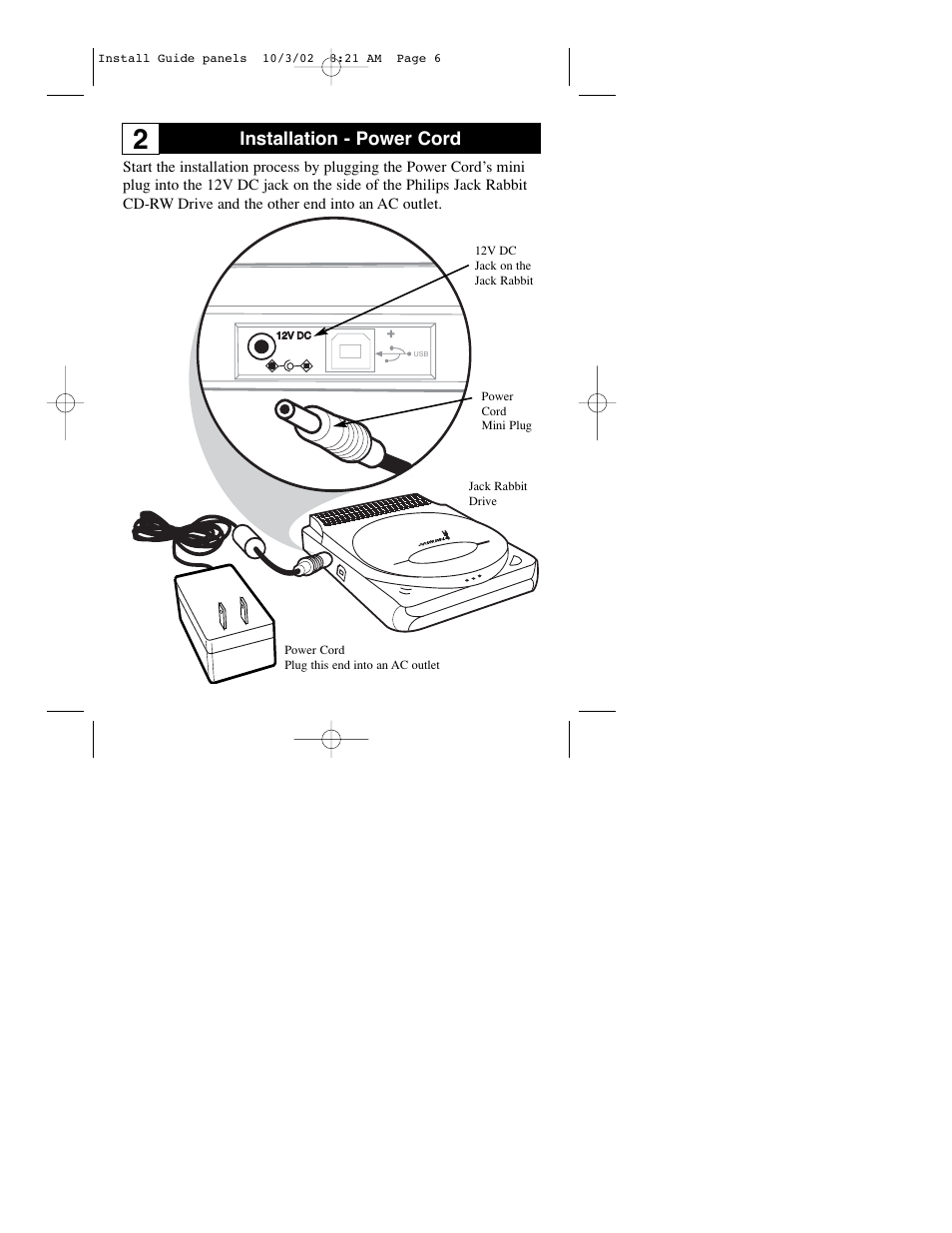 Installation - power cord | Philips JR24CDRW User Manual | Page 6 / 24