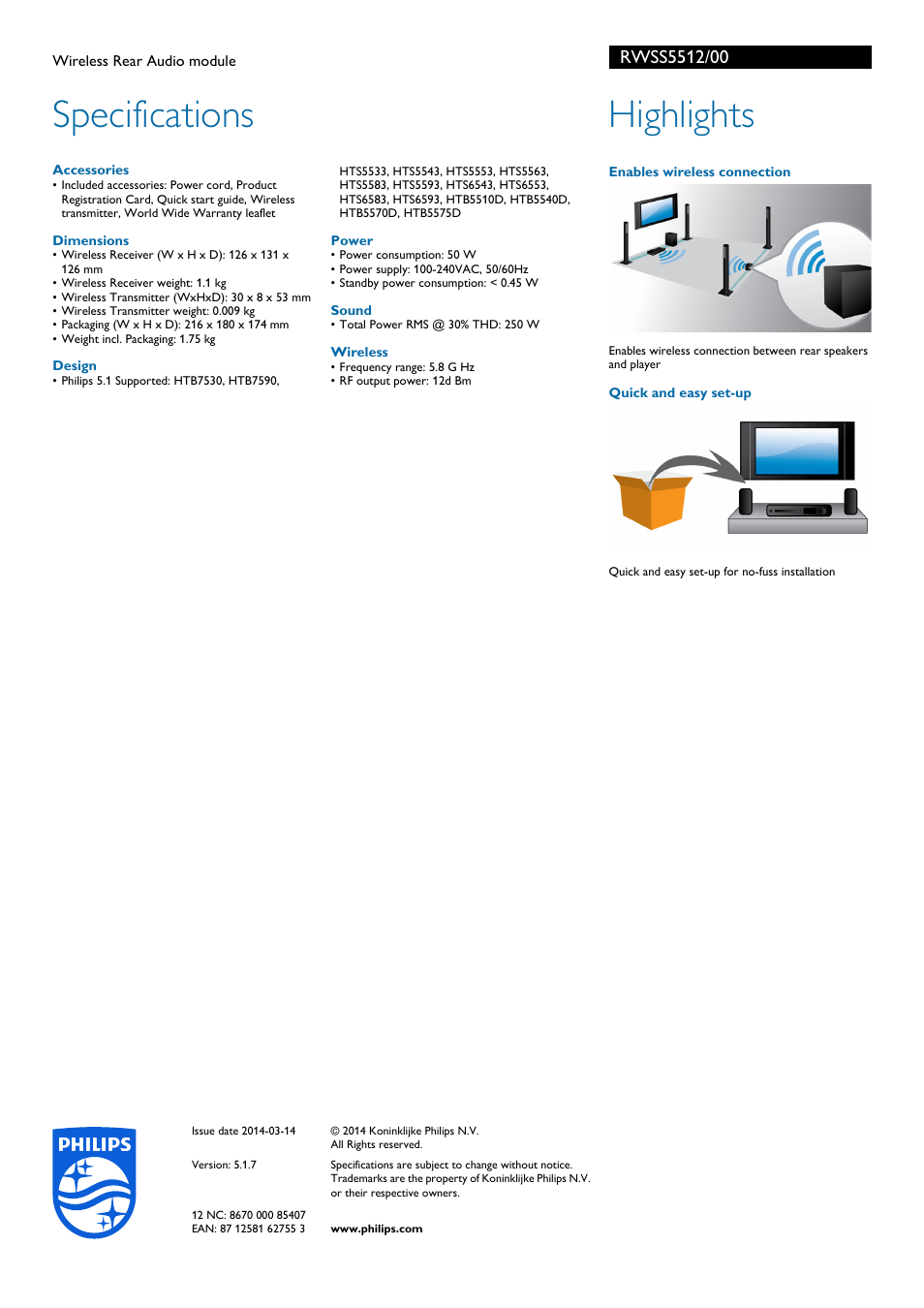 Specifications, Highlights | Philips RWSS5512-00 User Manual | Page 2 / 2