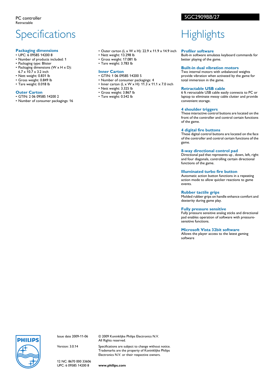 Specifications, Highlights | Philips SGC2909BB-27 User Manual | Page 2 / 2