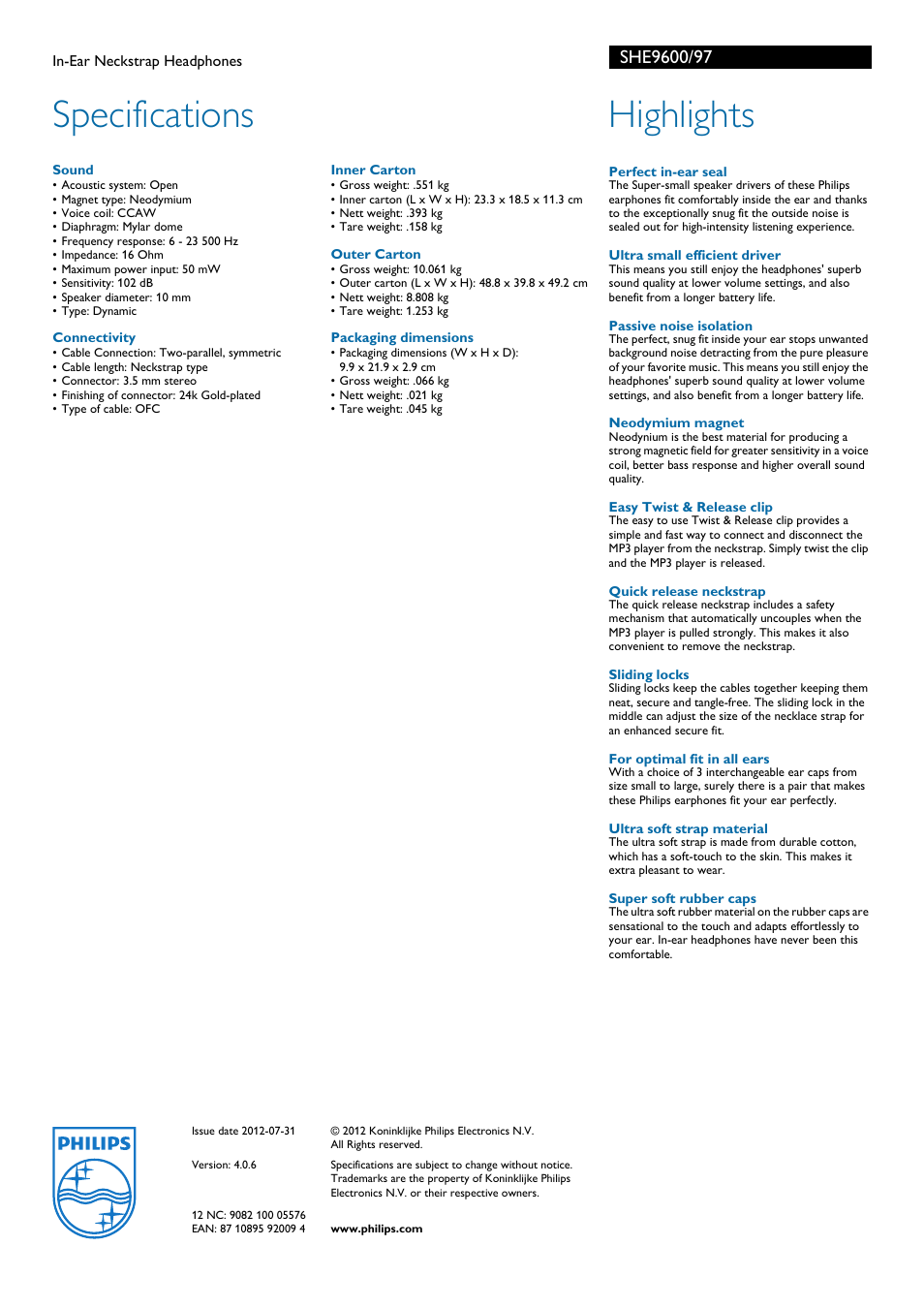 Specifications, Highlights | Philips SHE9600-97 User Manual | Page 2 / 2