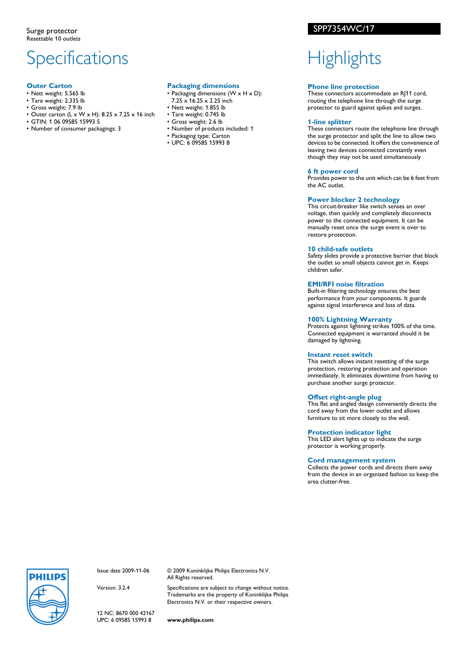 Specifications, Highlights | Philips SPP7354WC-17 User Manual | Page 2 / 2