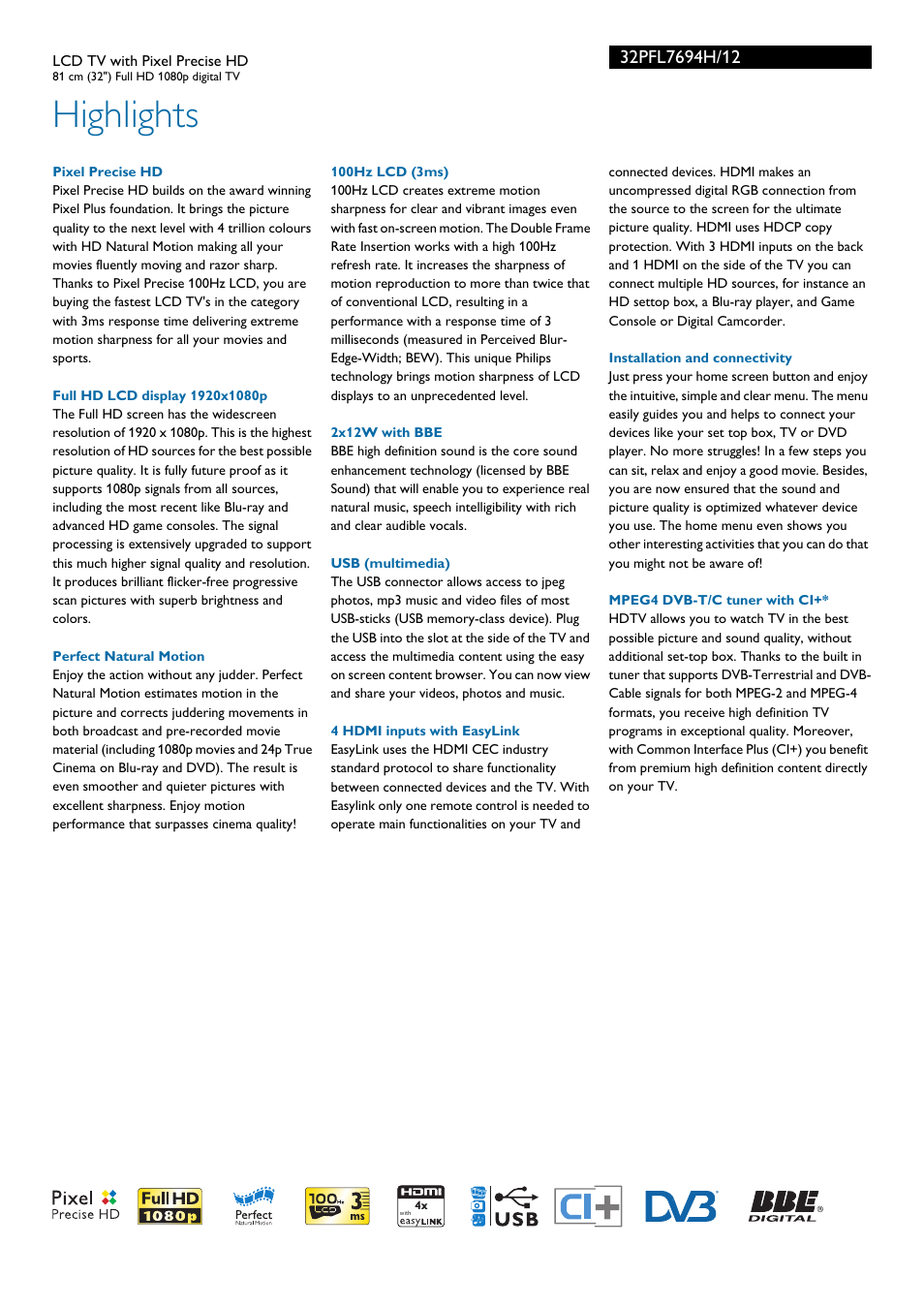 Highlights | Philips 32PFL7694H-12 User Manual | Page 2 / 3