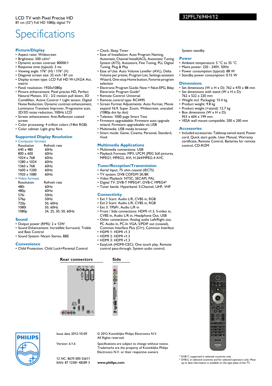 Specifications, Lcd tv with pixel precise hd | Philips 32PFL7694H-12 User Manual | Page 3 / 3