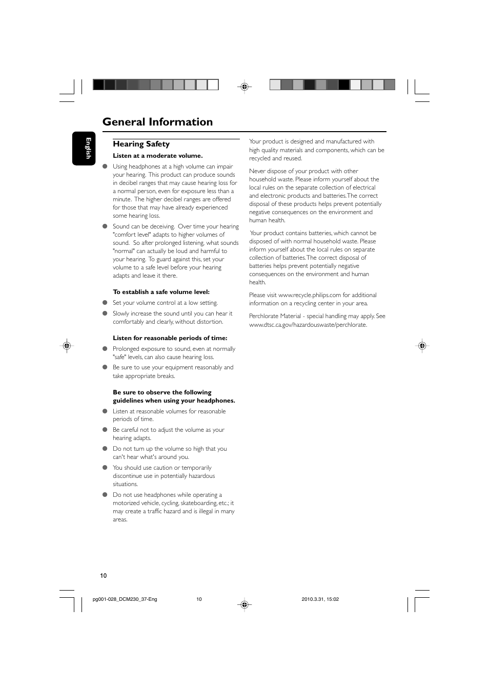 General information, Hearing safety | Philips DCM230-37B User Manual | Page 10 / 29