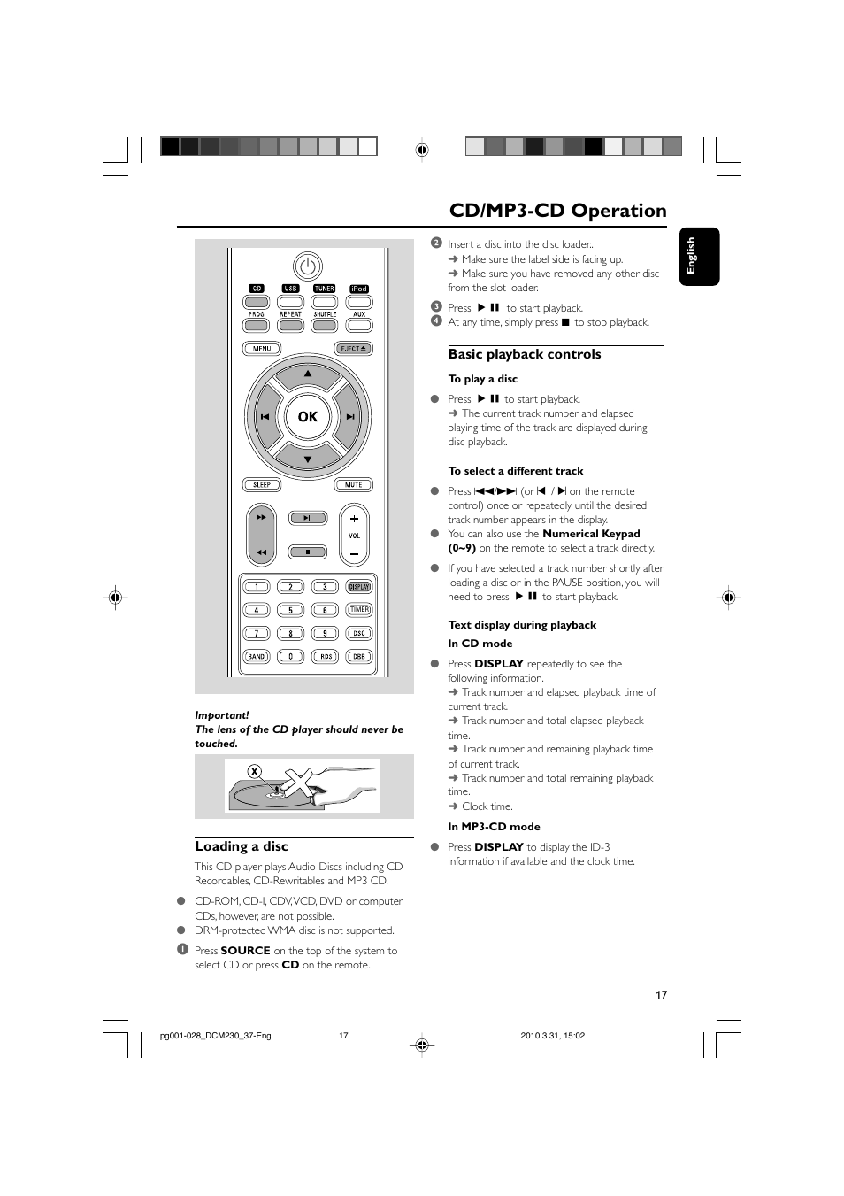 Cd/mp3-cd operation, Basic playback controls, Loading a disc | Philips DCM230-37B User Manual | Page 17 / 29