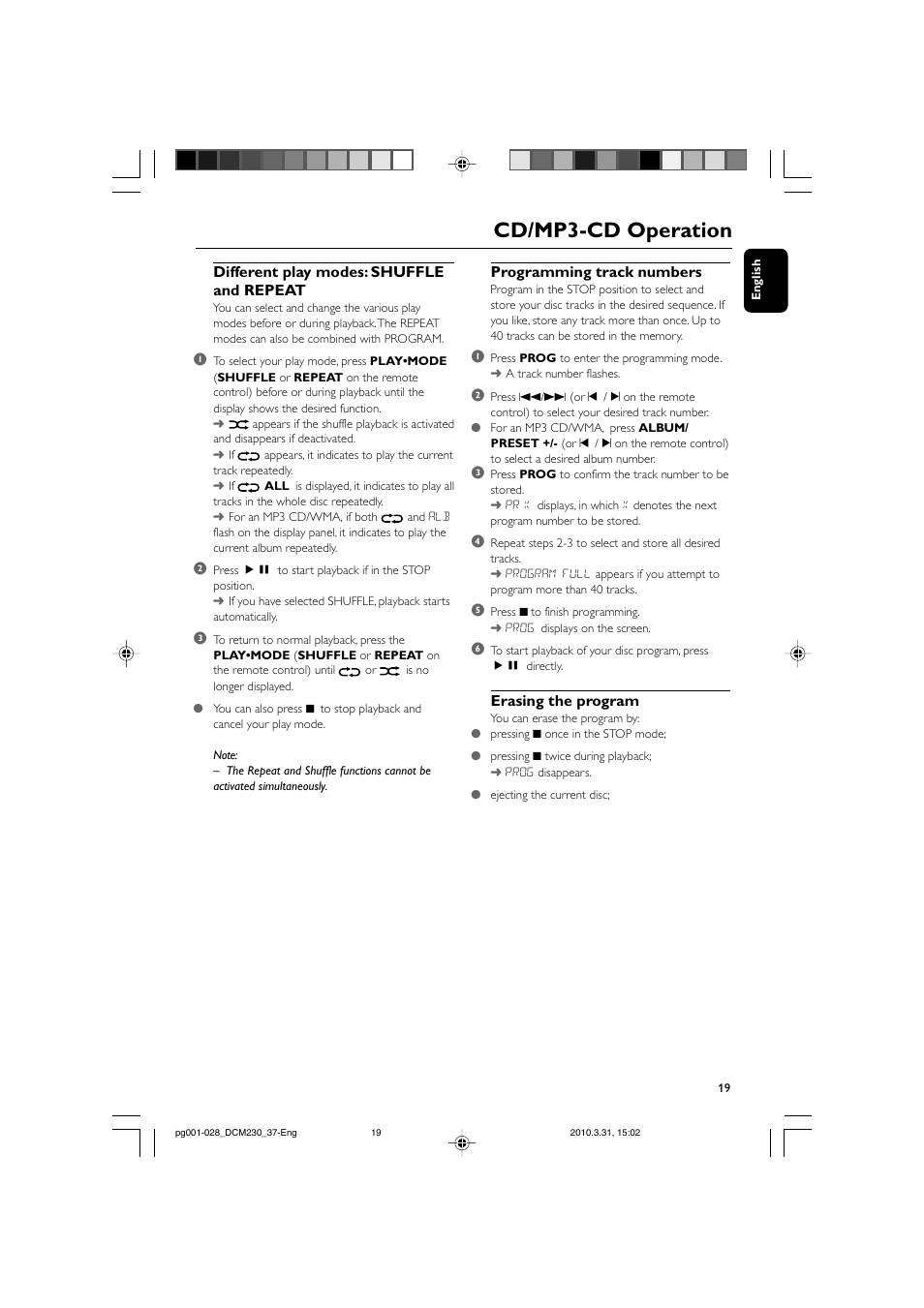 Cd/mp3-cd operation, Different play modes: shuffle and repeat, Programming track numbers | Erasing the program | Philips DCM230-37B User Manual | Page 19 / 29