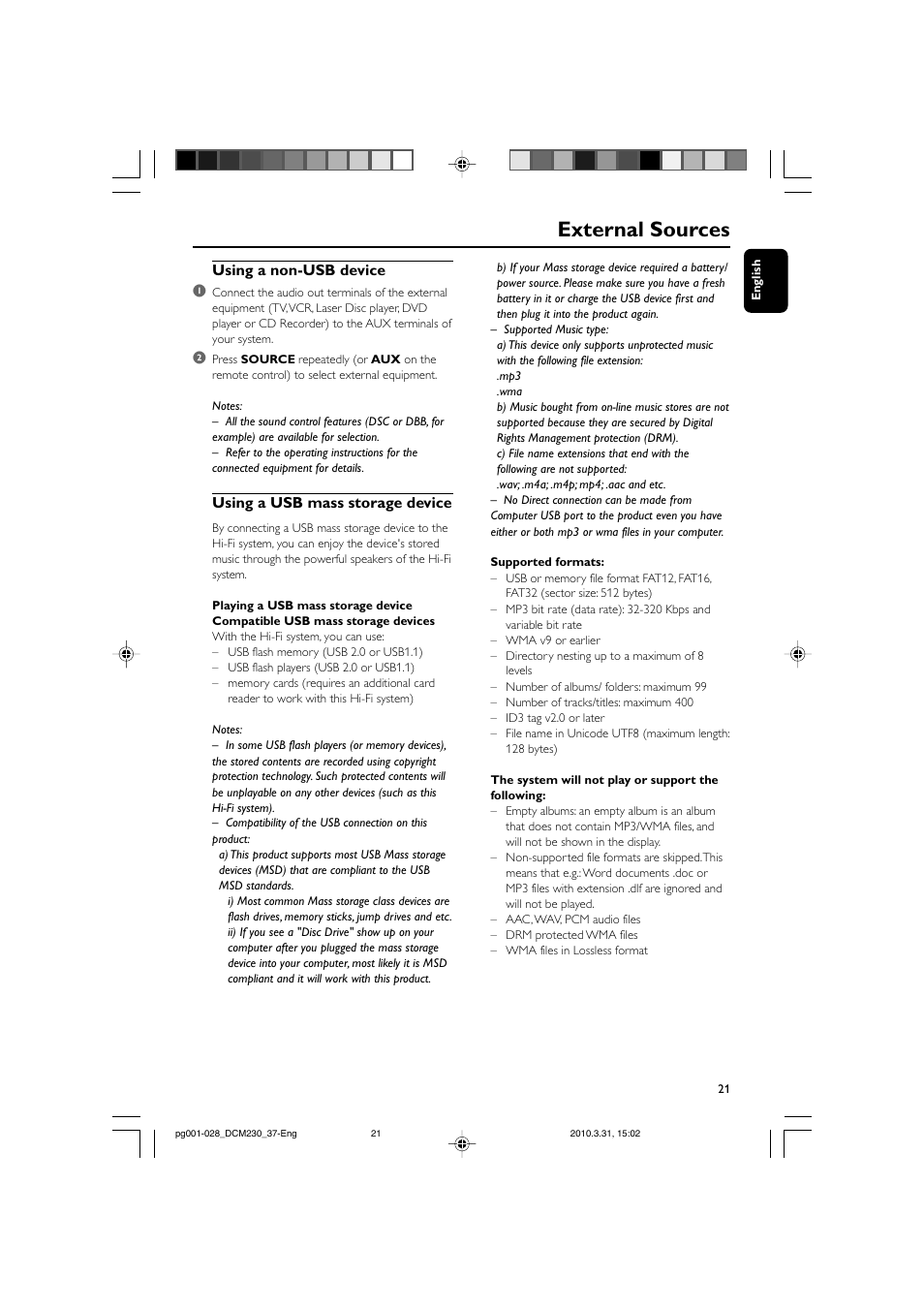 External sources, Using a non-usb device 1, Using a usb mass storage device | Philips DCM230-37B User Manual | Page 21 / 29