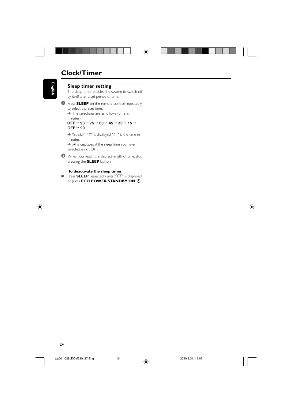 Clock/timer, Sleep timer setting | Philips DCM230-37B User Manual | Page 24 / 29