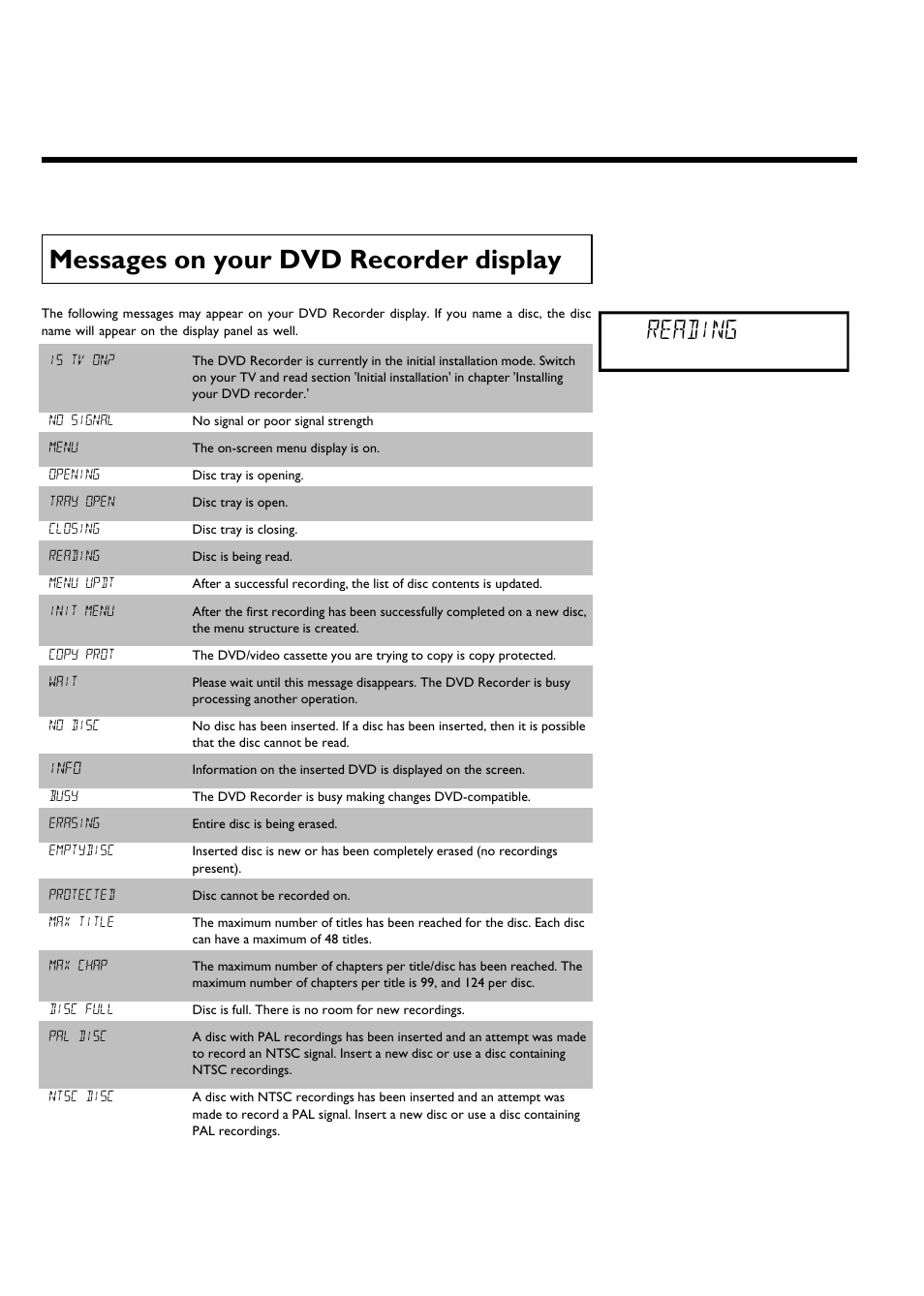 Messages on your dvd recorder display, Reading | Philips DVDR615-17 User Manual | Page 10 / 192