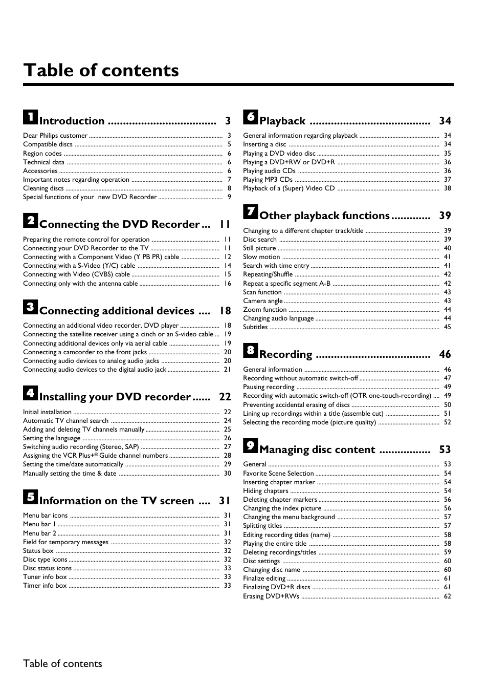 Table ofcontents a, Introduction 3, Connecting the dvd recorder 11 | Connecting additional devices 18, Installing your dvd recorder 22, Information on the tv screen 31, Playback 34, Other playback functions 39, Recording 46, Managing disc content 53 | Philips DVDR615-17 User Manual | Page 13 / 192