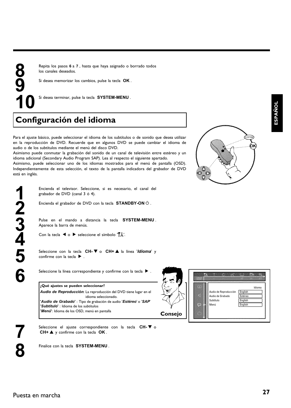Configuración del idioma | Philips DVDR615-17 User Manual | Page 133 / 192