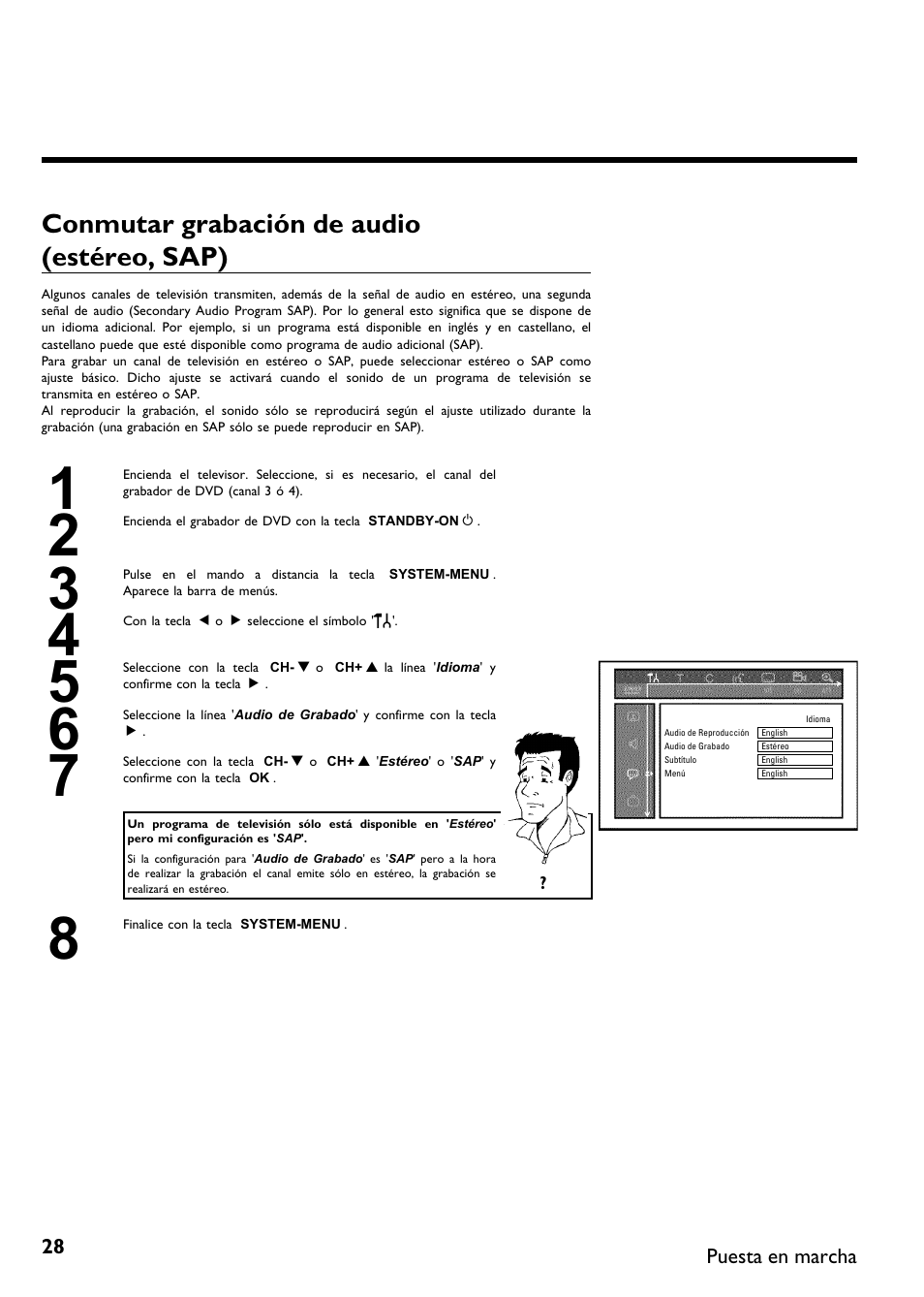 Conmutar grabación de audio (estéreo, sap) | Philips DVDR615-17 User Manual | Page 134 / 192