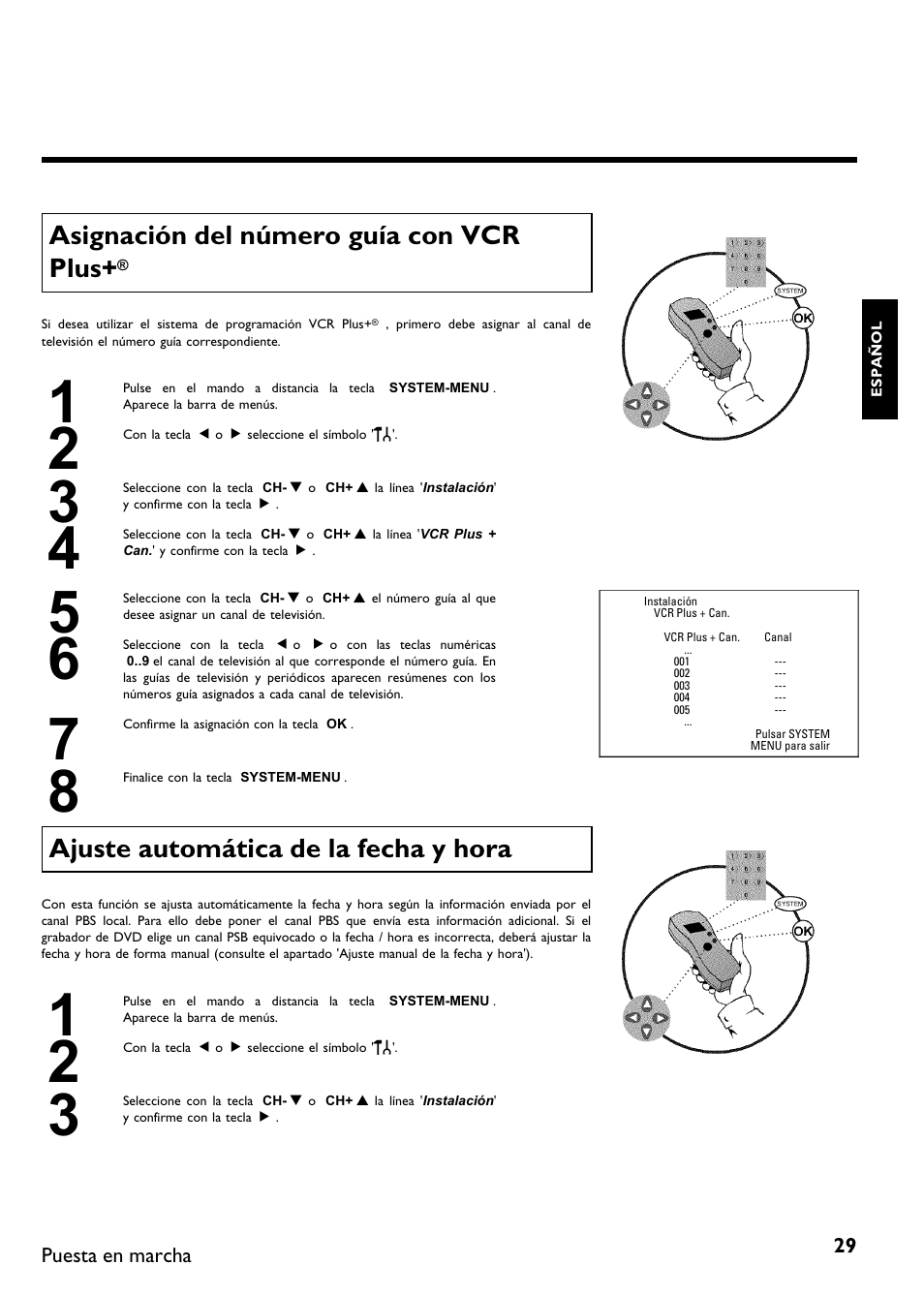 Asignación del número guía con vcr plus, Ajuste automática de la fecha y hora | Philips DVDR615-17 User Manual | Page 135 / 192