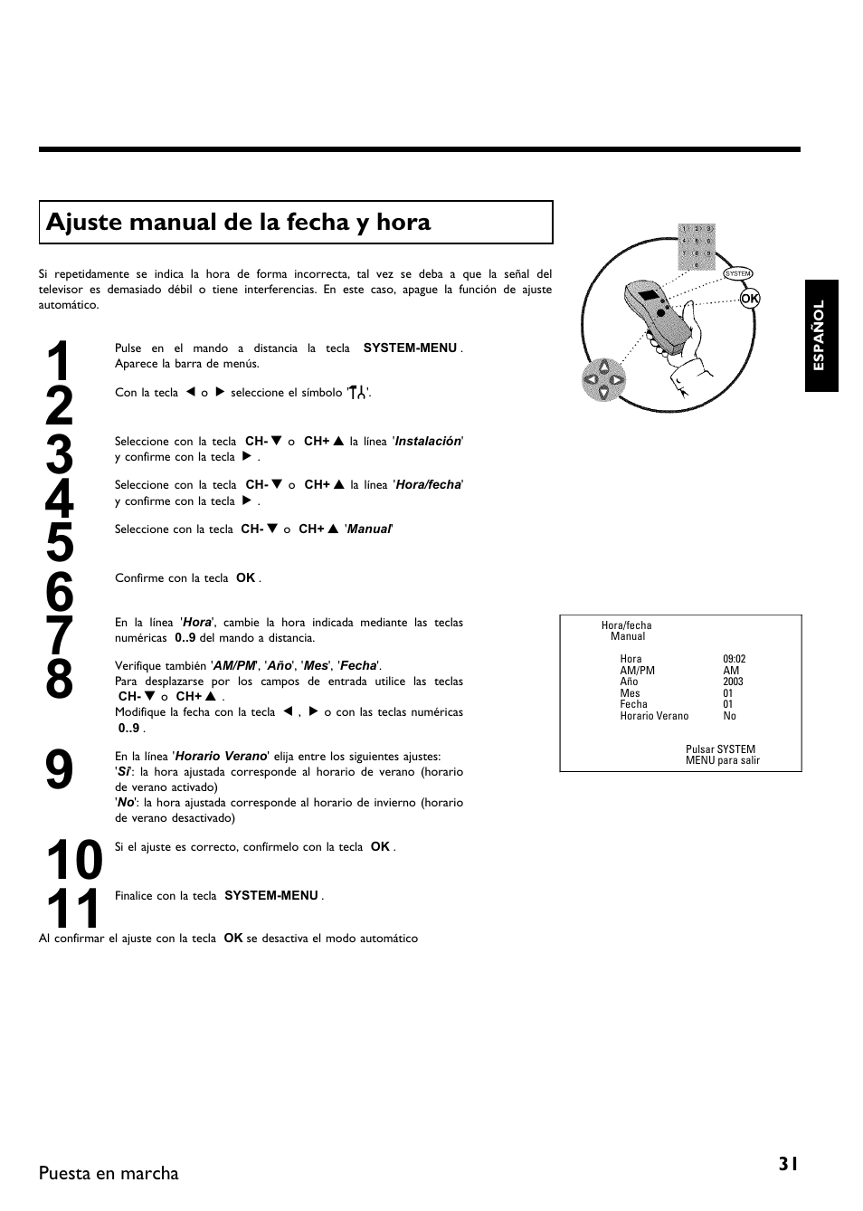 Ajuste manual de la fecha y hora | Philips DVDR615-17 User Manual | Page 137 / 192