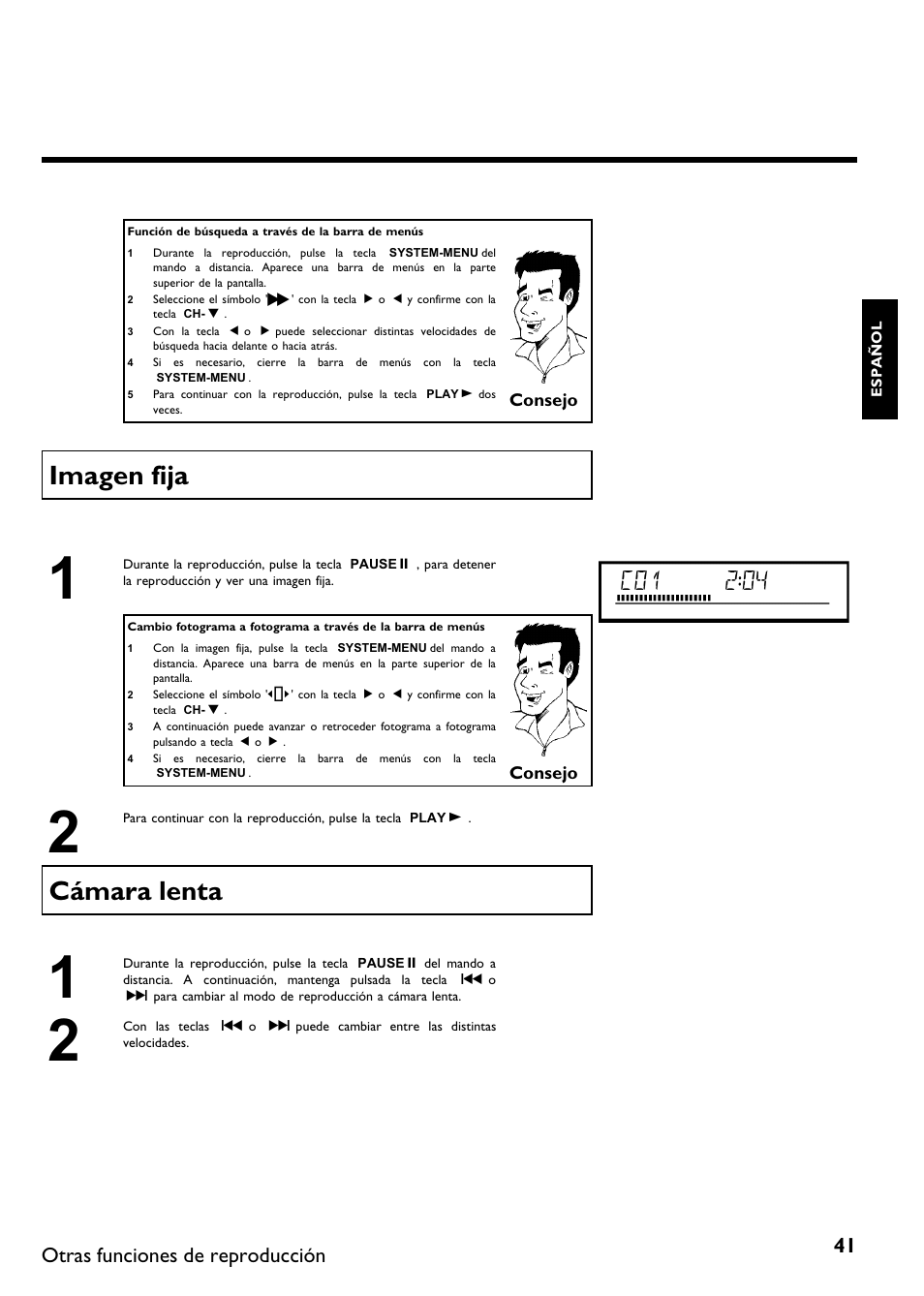 Imagen fija, Cámara lenta, Otras funciones de reproducción | Philips DVDR615-17 User Manual | Page 147 / 192