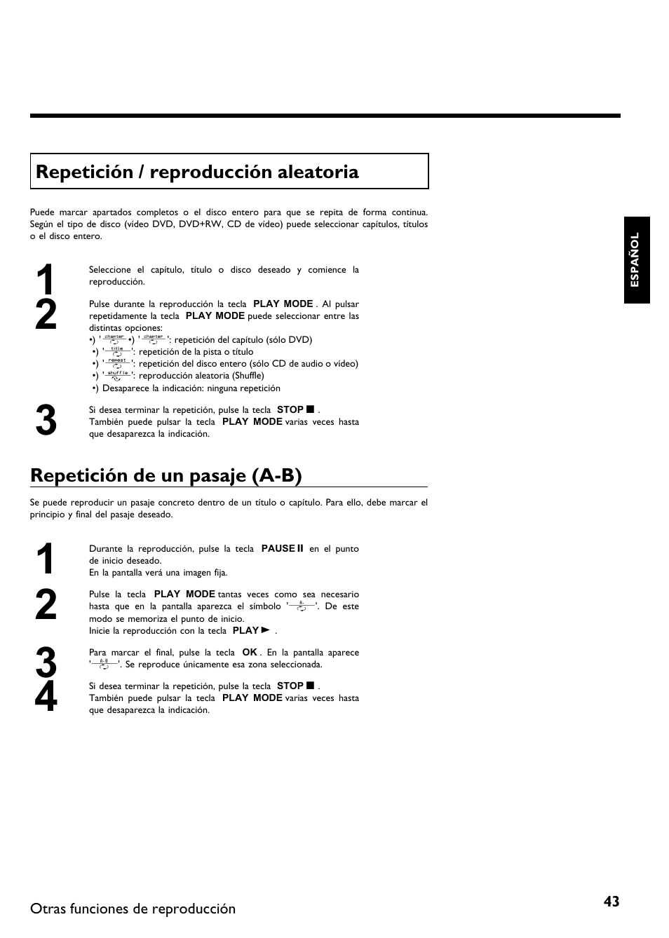 Repetición / reproducción aleatoria, Repetición de un pasaje (a b) | Philips DVDR615-17 User Manual | Page 149 / 192